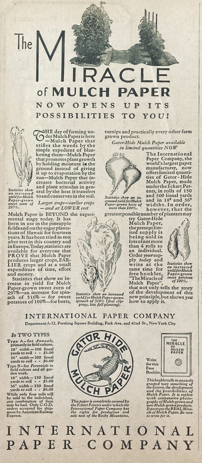 1928 AD.(XH69)~INTERNATIONAL PAPER CO. NYC. MULCH PAPER FOR BETTER PLANT GROWTH