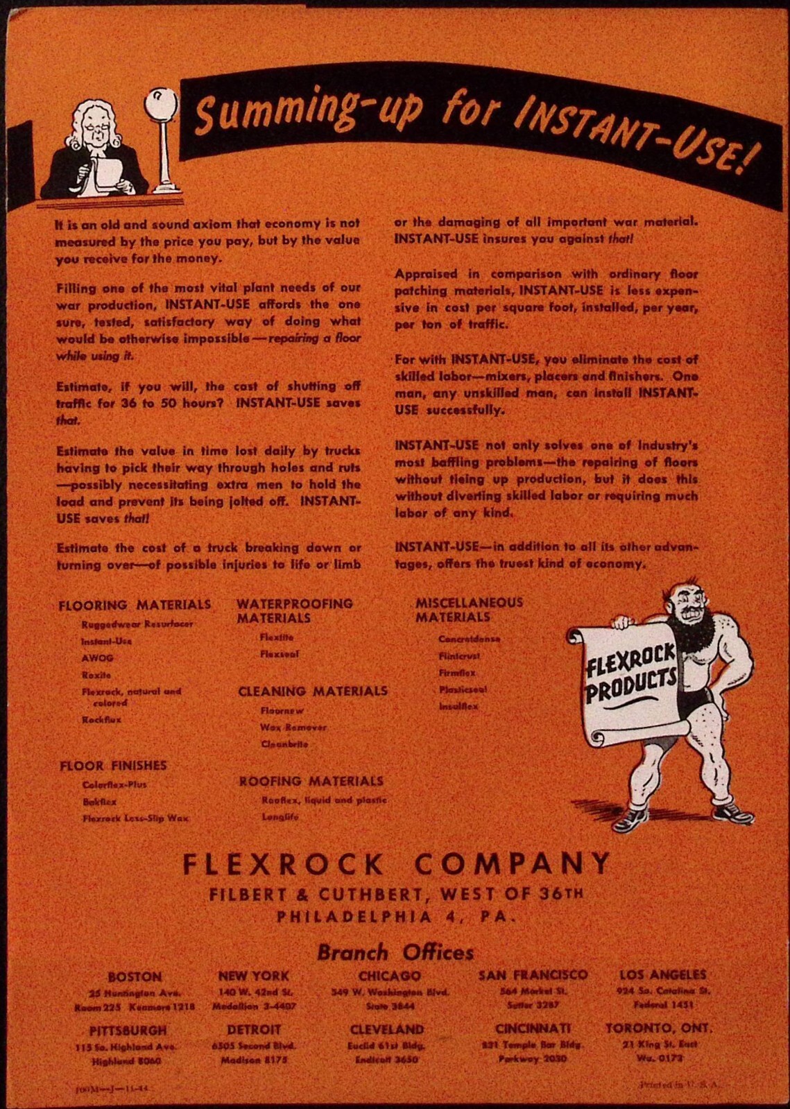 1944 Flexrock Company Insta Use Floor Patch Brochure Filbert & Cuthbert