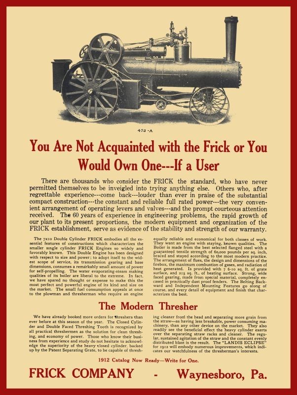 1912 Frick Co. of Waynesboro, PA Steam Engine, Thresher NEW METAL SIGN: 9×12&Prime;