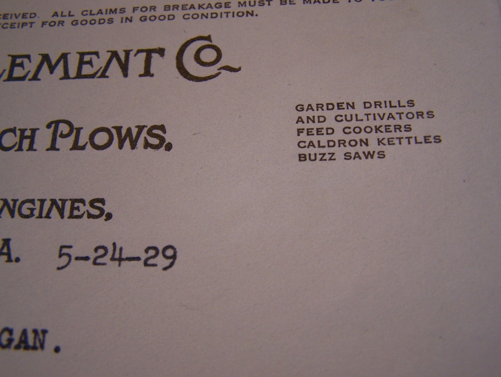 Original MOORE PLOW COMPANY Billhead Drill Cultivator Hit Miss Gas Engine MI WOW