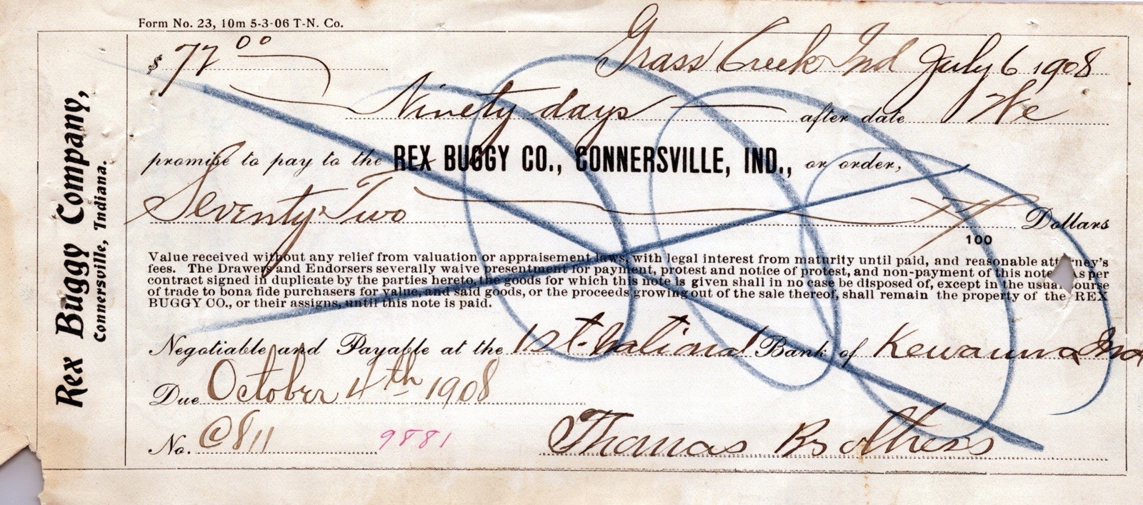 1908 Rex Buggy Co. Connersville Indiana Promissory Note Wagon Carriage