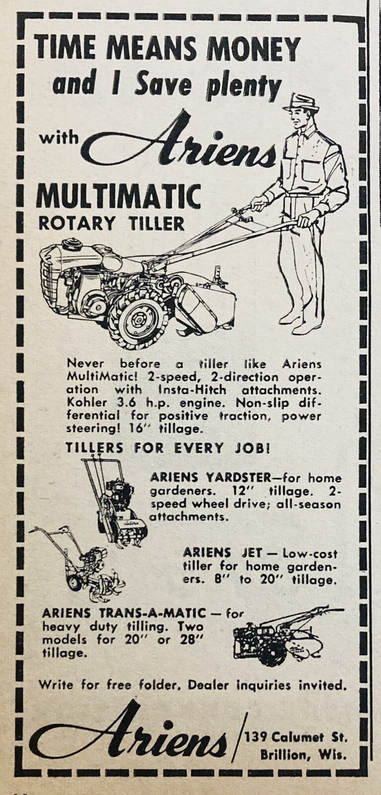 1958 AD.(XF23)~ARIENS CO. BRILLION, WIS. ARIENS MULTIMATIC ROTARY TILLER