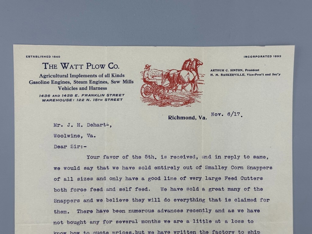 1917 JOHN DEERE Postal Cover HANOVER WAGON Farm Advertise WATT PLOW Richmond VA