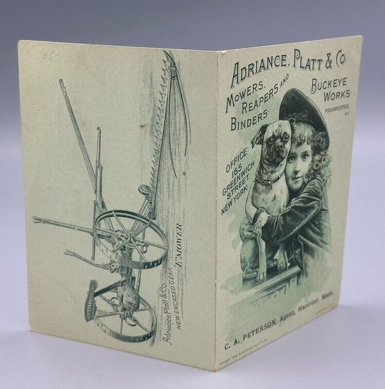 1889 Adriance Platt FARM MOWER Antique Advertising TRADE CARD Buckeye Works
