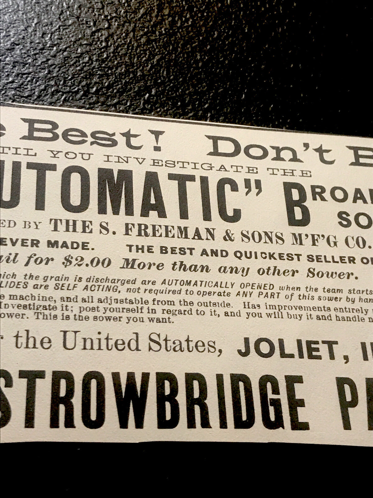 1889 Stowbridge Broadcast Sower Farm Advertising – Joliet – Illinois