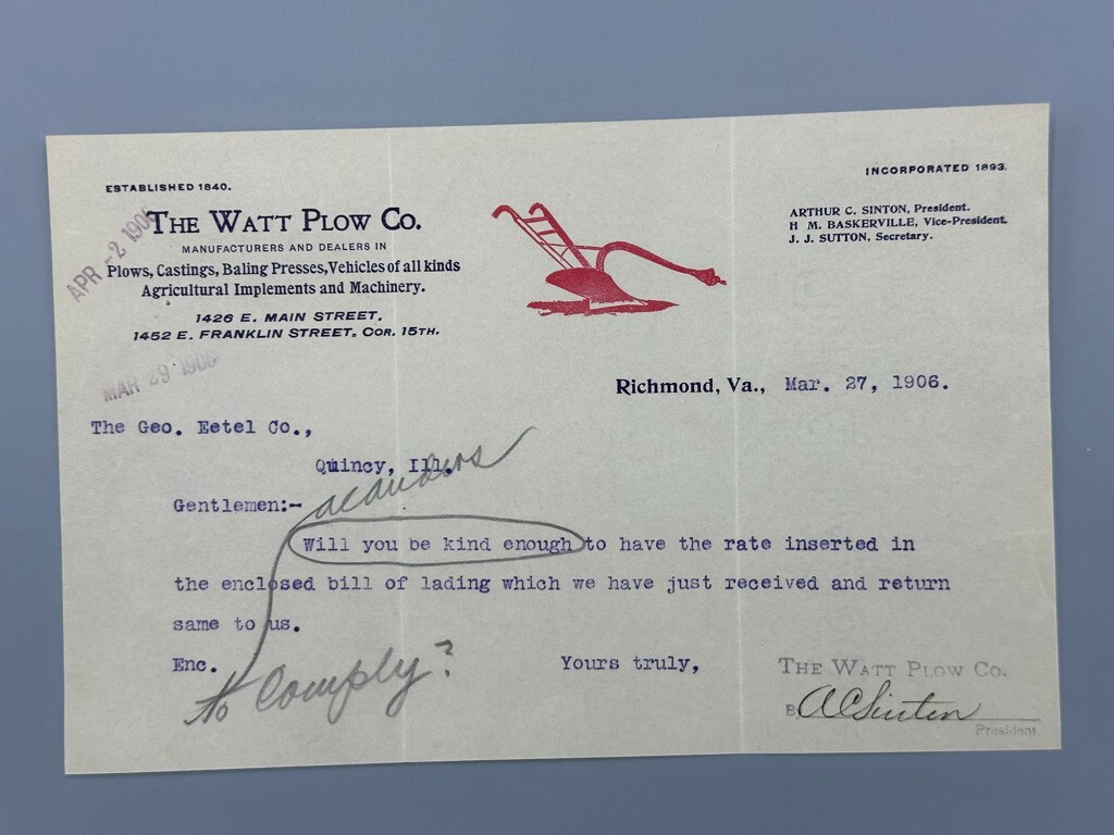 1906 WATT PLOW CO Farm Advertising Illustrated Letterhead RICHMOND VA