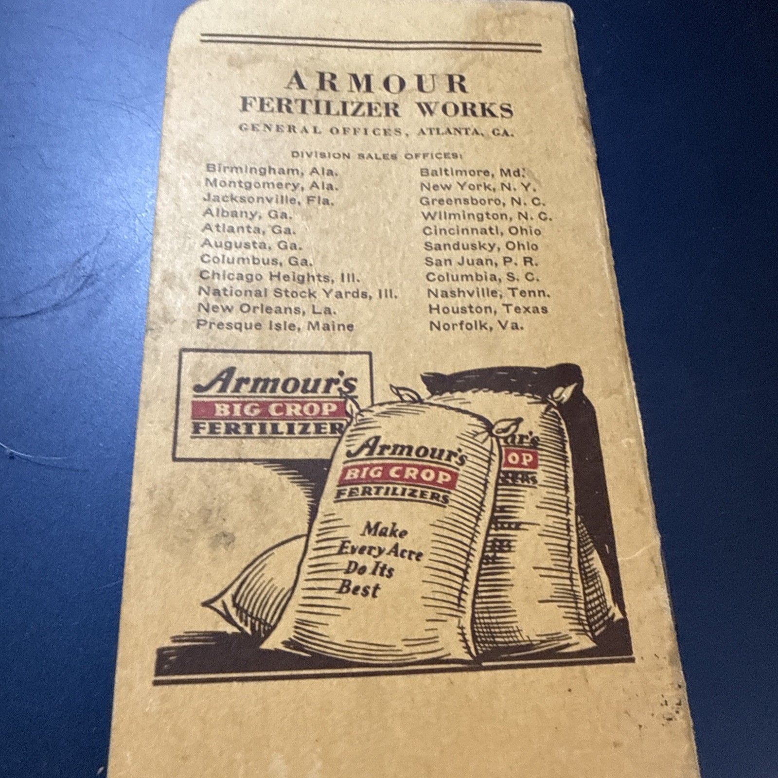 Vintage Armours Big Crop Fertilizers 1937 Pocket Calender Notebook Memo Book