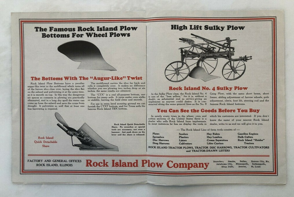 1928 ROCK ISLAND PLOWS Gang Sulky FARM ADVERTISING Antique Brochure POSTER