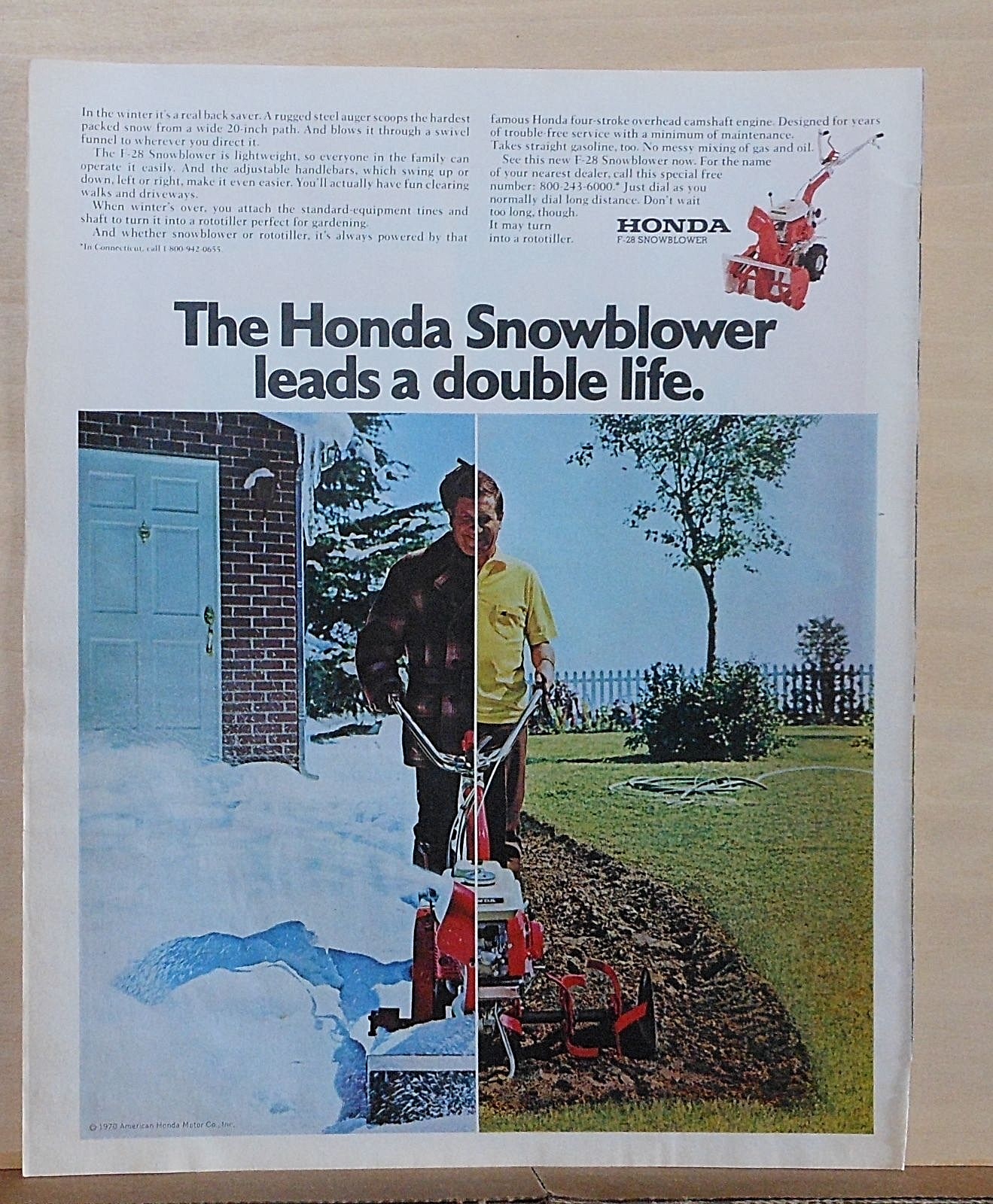 1970 magazine ad for Honda F-28 Snowblower Rototiller combo -Leads a double life
