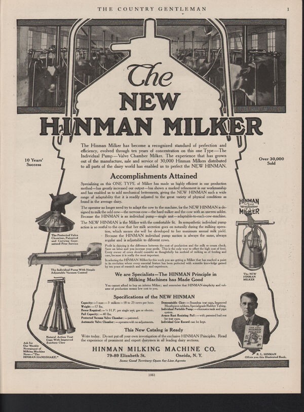 1917 HINMAN MILKER MACHINE AGRICULTURE ONEIDA FARM COW DAIRY ELECTRIC 16967