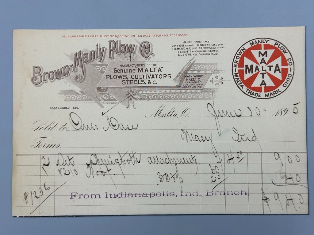 1895 BROWN MANLY PLOW Co FARM Advertising MALTA OHIO Invoice Antique