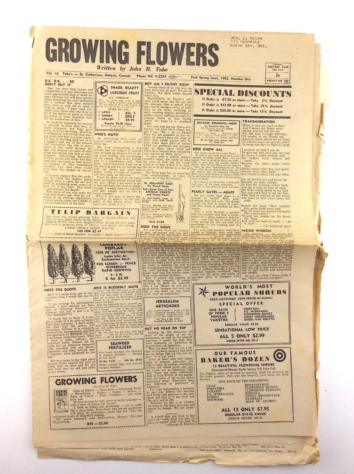 Spring 1963 Growing Flowers Seed Plant Catalog Flyer St Catherines Ontario Q273