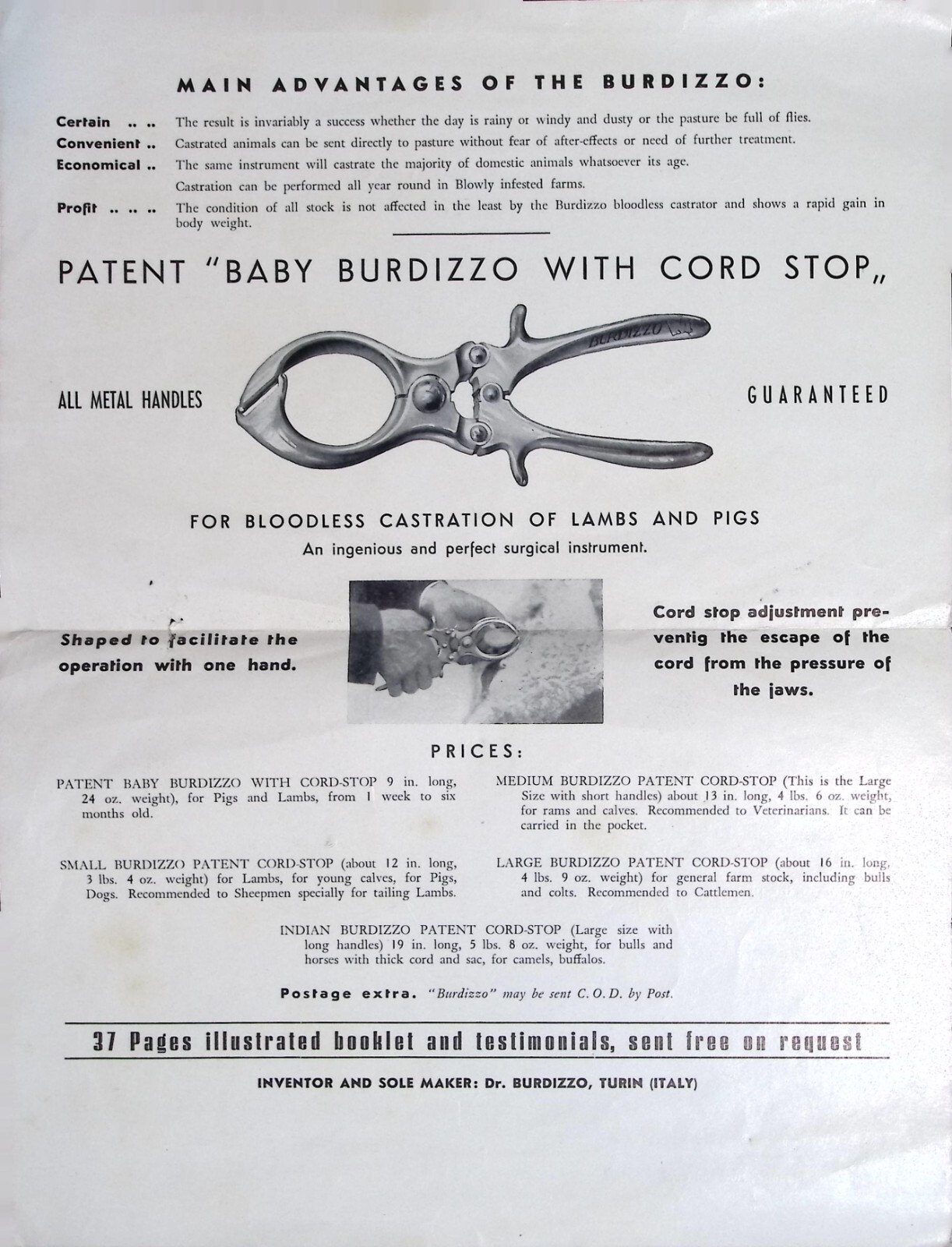 Vintage Burdizzo Bloodless Castrator Advertisement 1930s-1940s Farming Ephemera