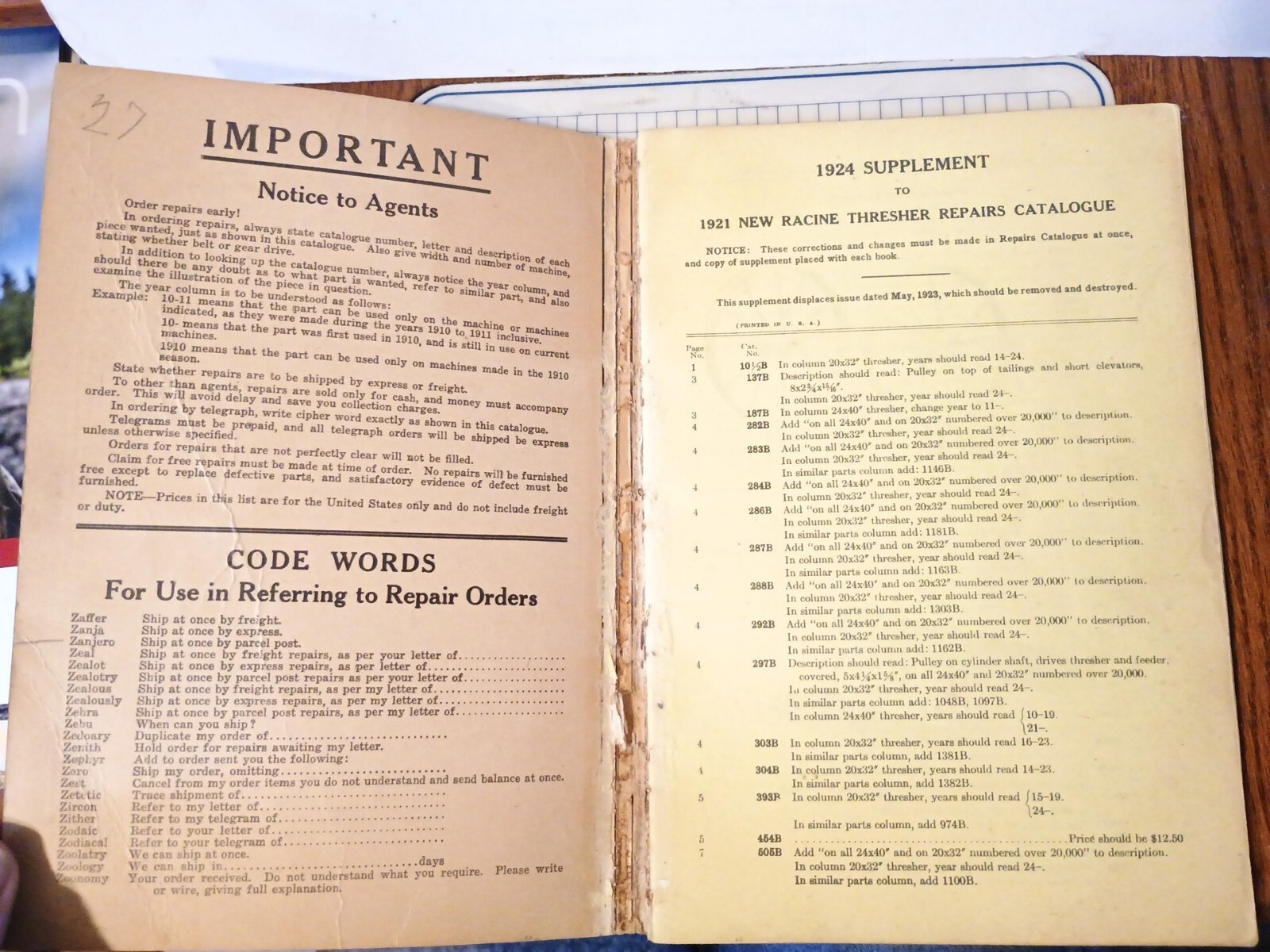 Vintage 1927 Repair Part Farm Catalog Book New Racine Threshers Thresher Machine