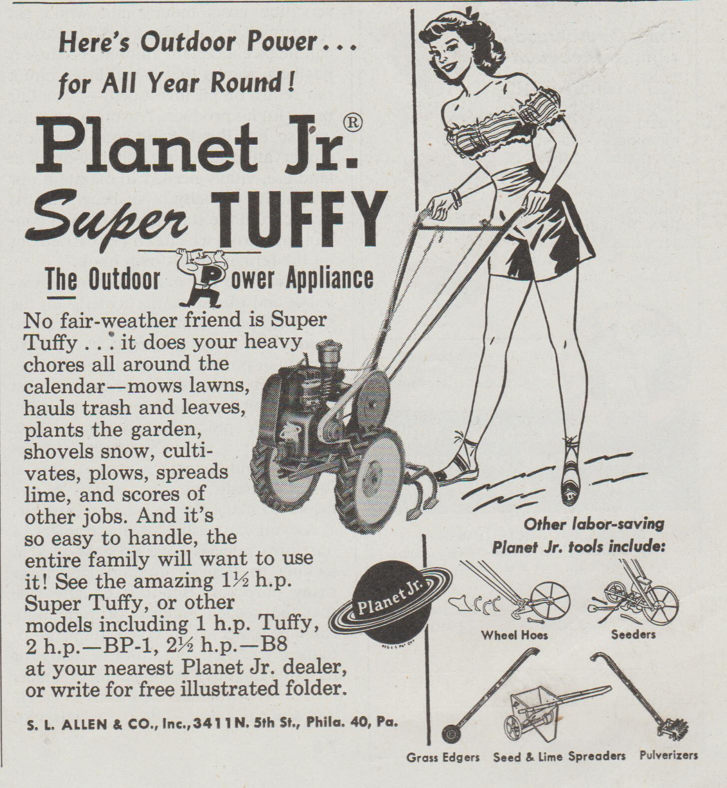 1954 Planet Jr.- Walk Behind Garden Tool – Shorts Halter Top Girl – Print Ad Art