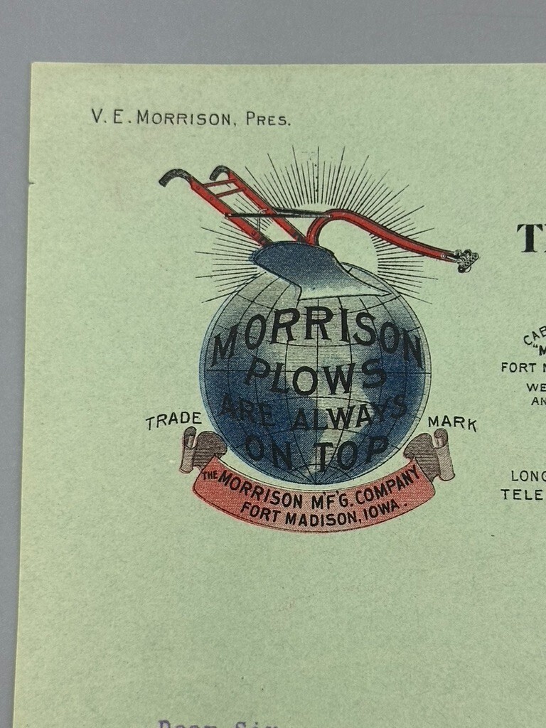 Antique MORRISON PLOWS World Globe FARM Advertising Letter FORT MADISON IOWA