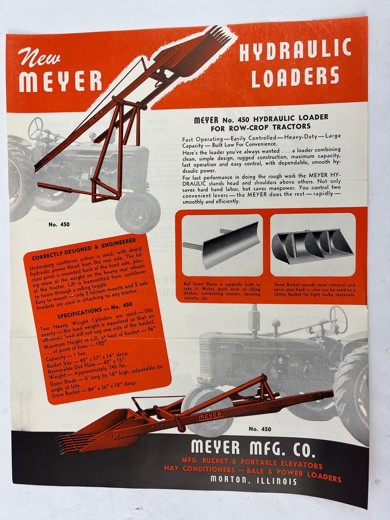 3 Meyer Mfg Co Hydraulic Loaders Farm Tractors Ad Sheets & Letter Morton 1954