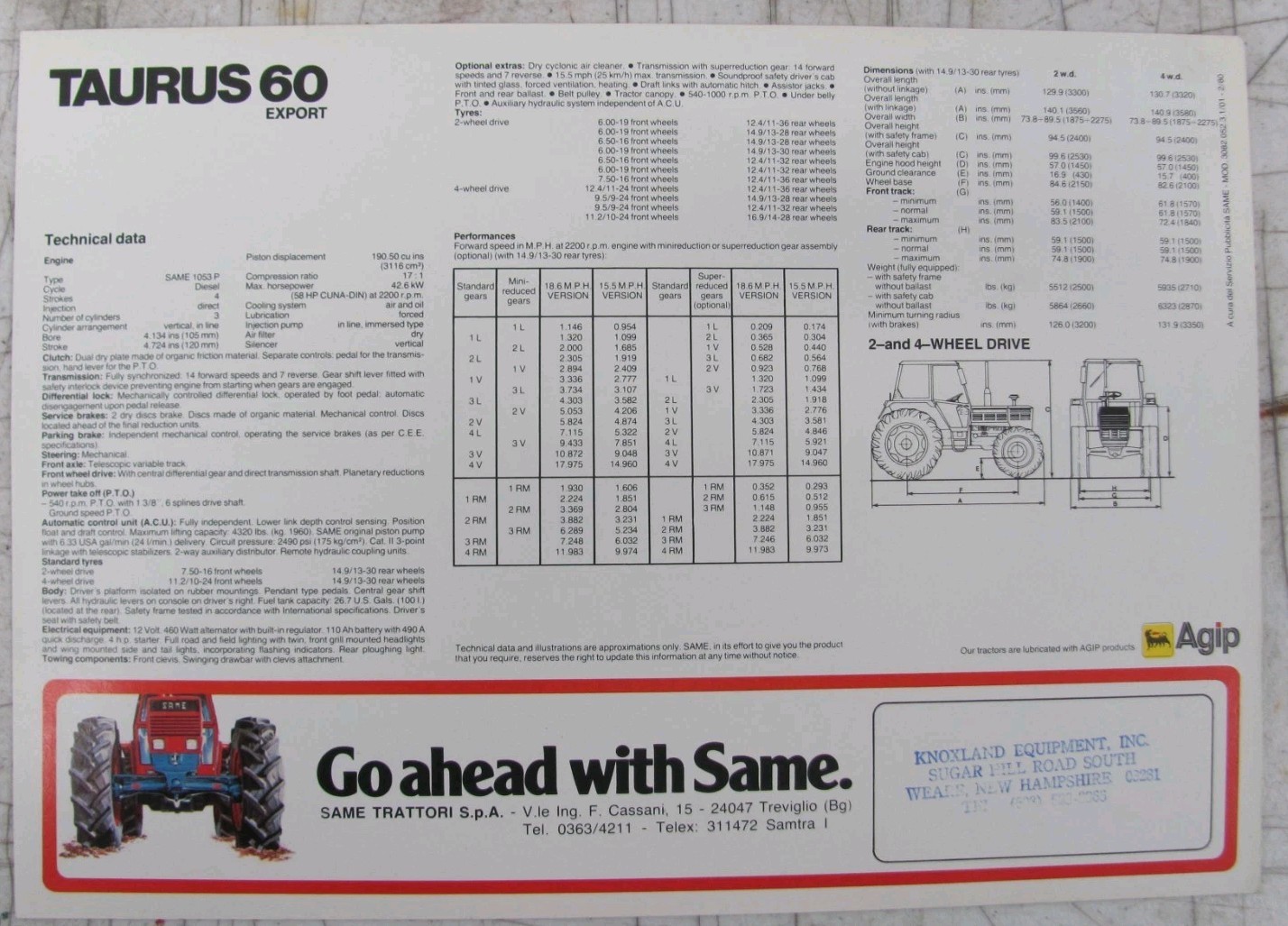 1980 SAME Taurus 60 Export Tractor Sales Flyer 3082.052.3.1/01