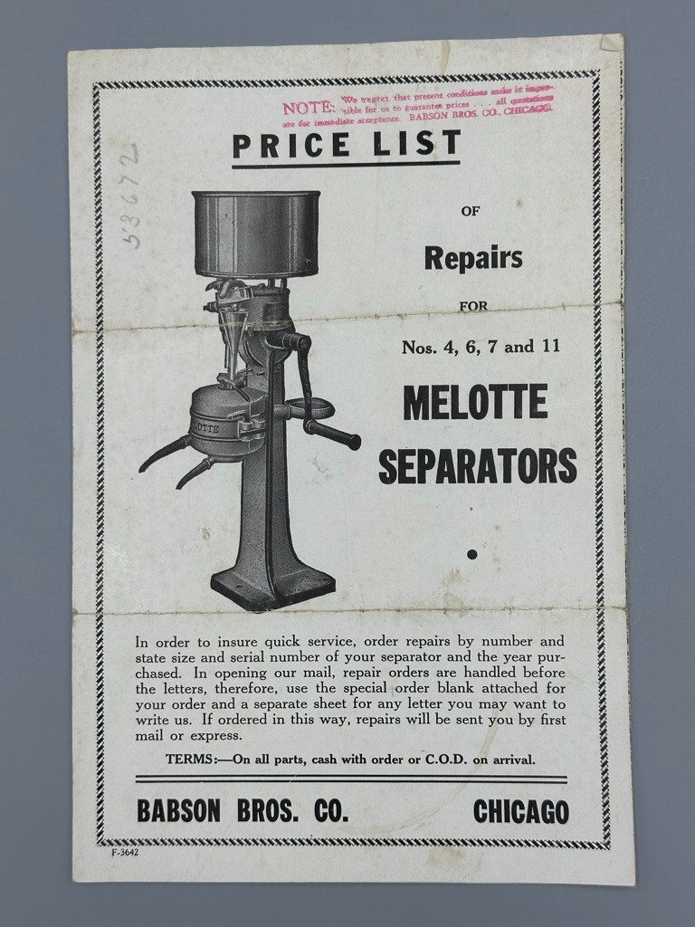 Antique MELOTTE CREAM SEPARATOR Dairy Farm Advertising Price List Babson Bros Co