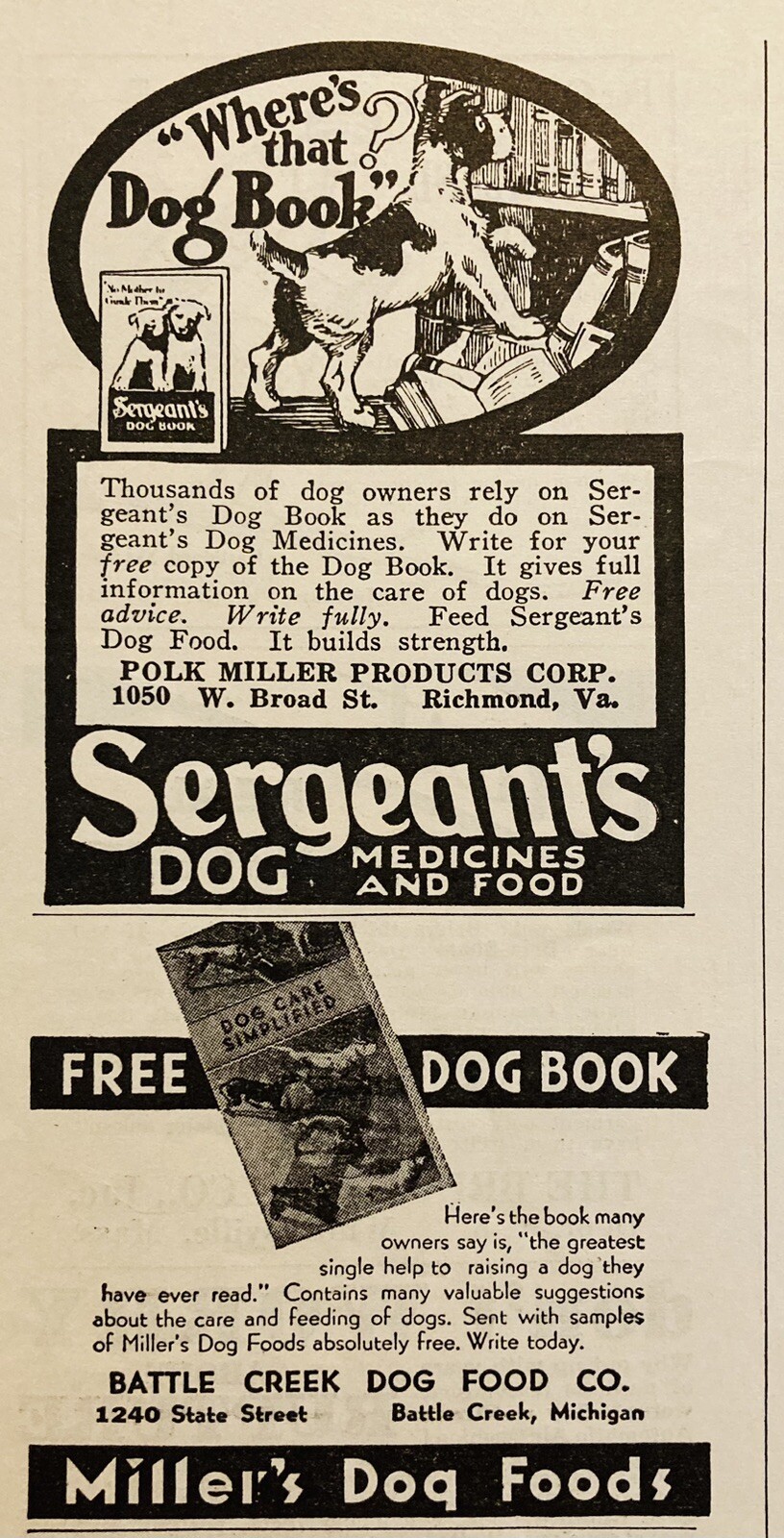 1932 AD.(XH81)~POLK MILLER PRODUCTS CO. RICHMOND, VA. SERGEANT’S DOG FOOD