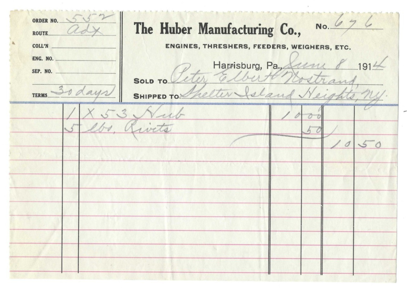 1914 Advertising Invoice Huber Manufacturing Engines Threshers Harrisburg PA