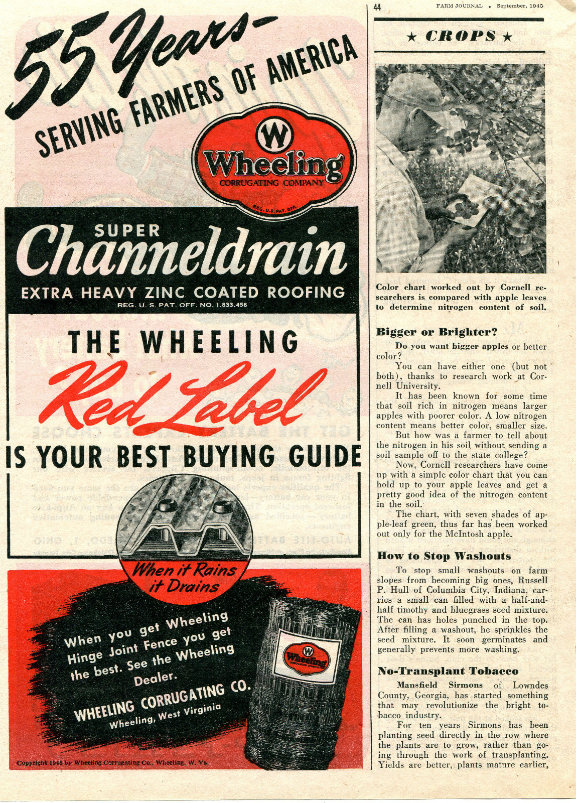 1945 Wheeling Red Label Farm Fence & Roofing Print Ad