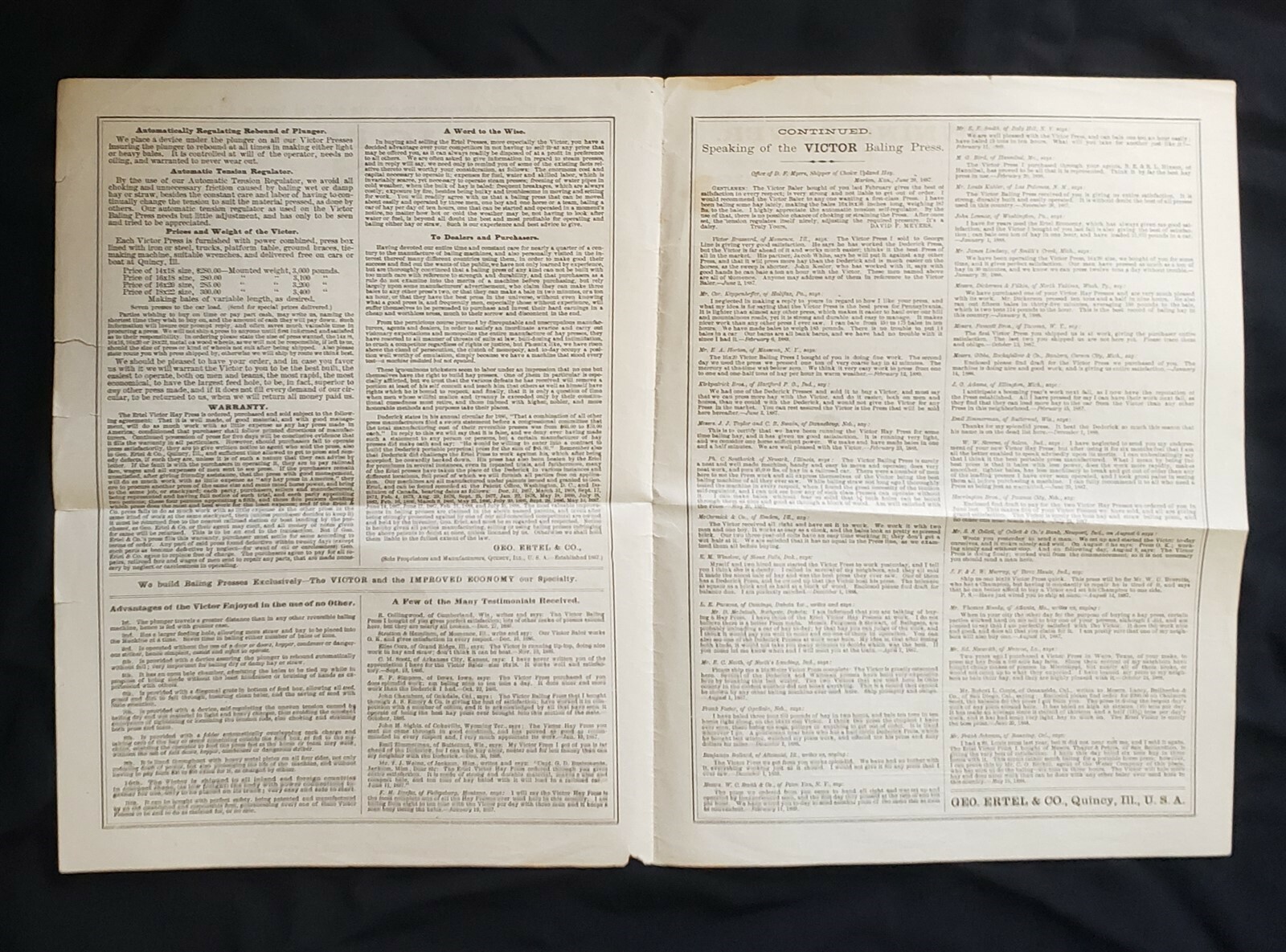 Newspaper Format Illustrated Advertising for Ertel farming equipment c1887