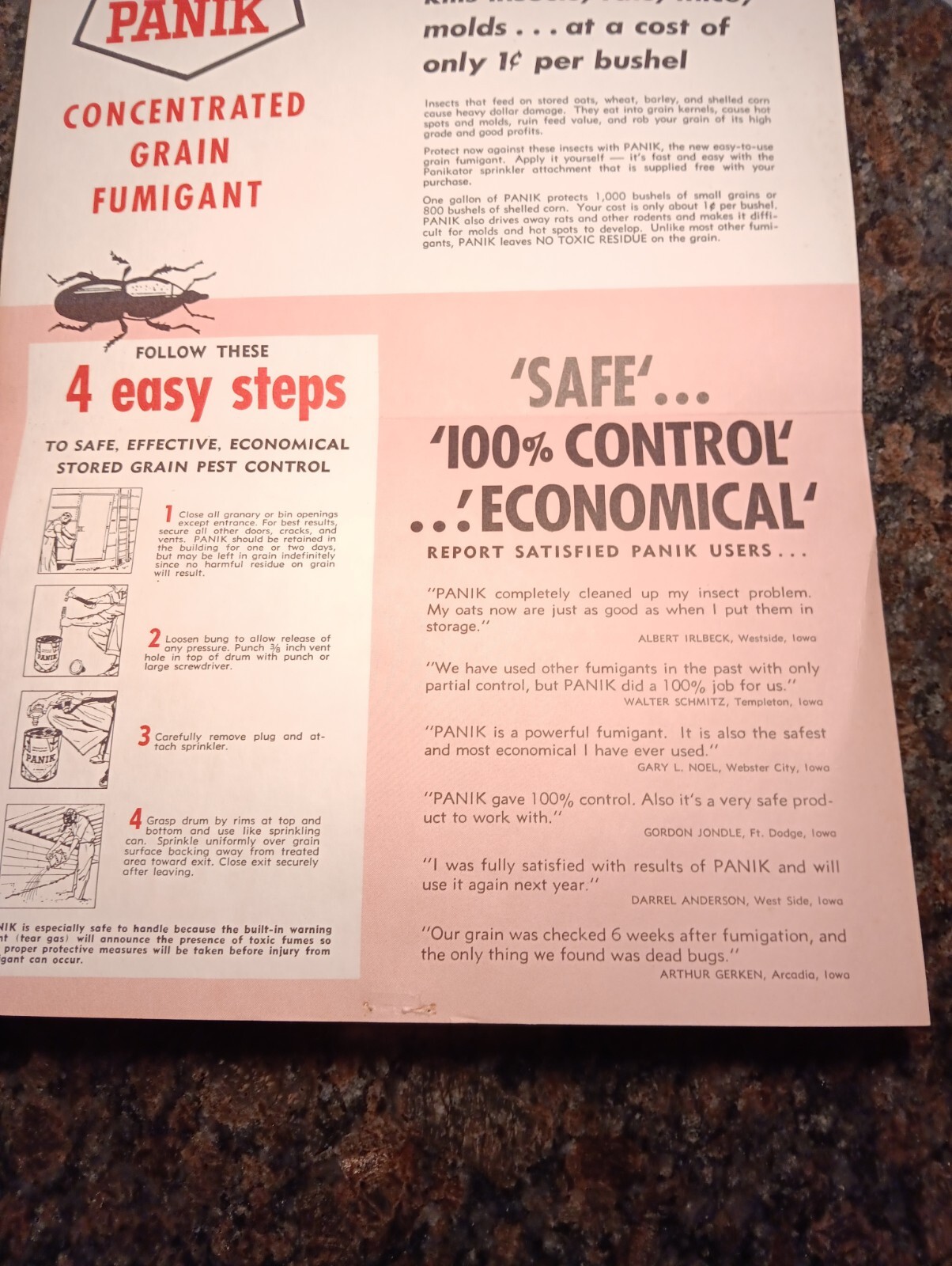 Rare Vintage 1940s « PANIK » Grain Fumigant Advertising Instructions Pamphlet