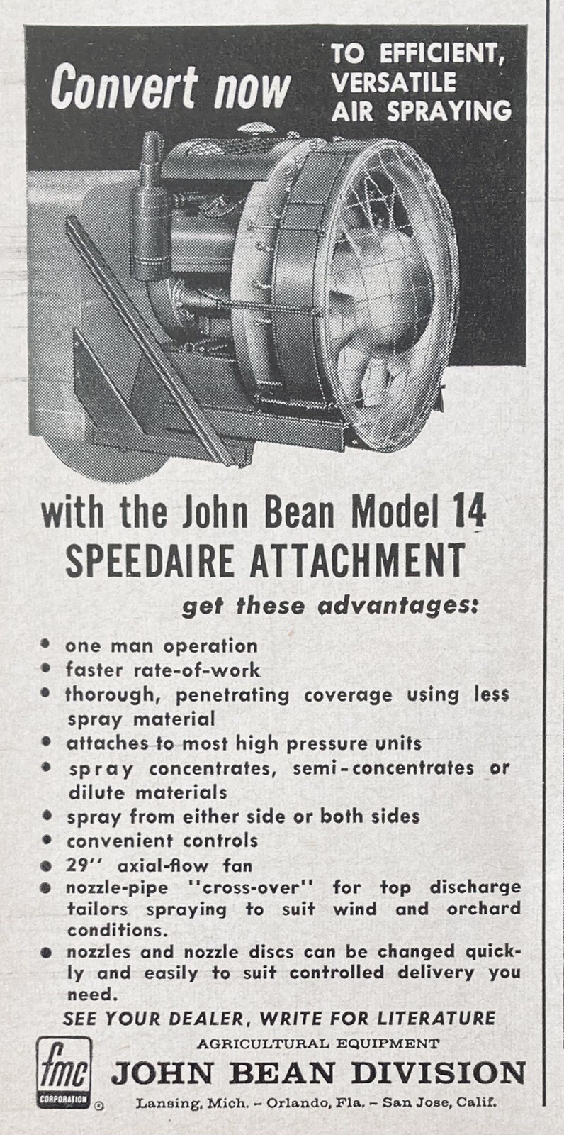 1962 AD.(XG25)~FMC CO. JOHN BEAN DIVISION. LANSING, MI. MODEL 14 SPEEDAIRE