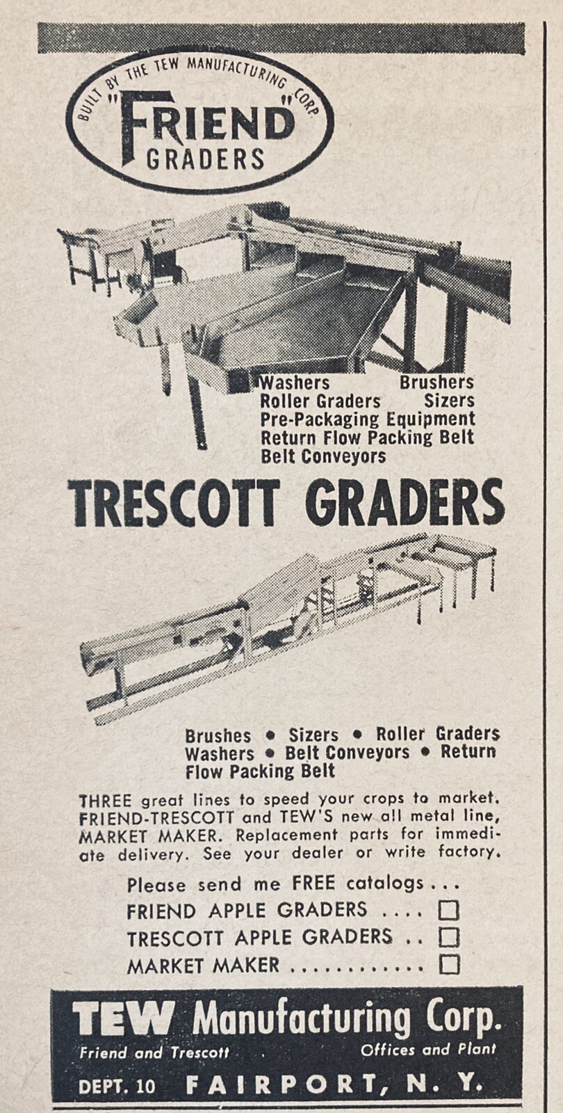 1955 AD.(XG10)~TEW MFG. CO. FAIRPORT, NY. FRIEND & TRESCOTT FRUIT GRADERS