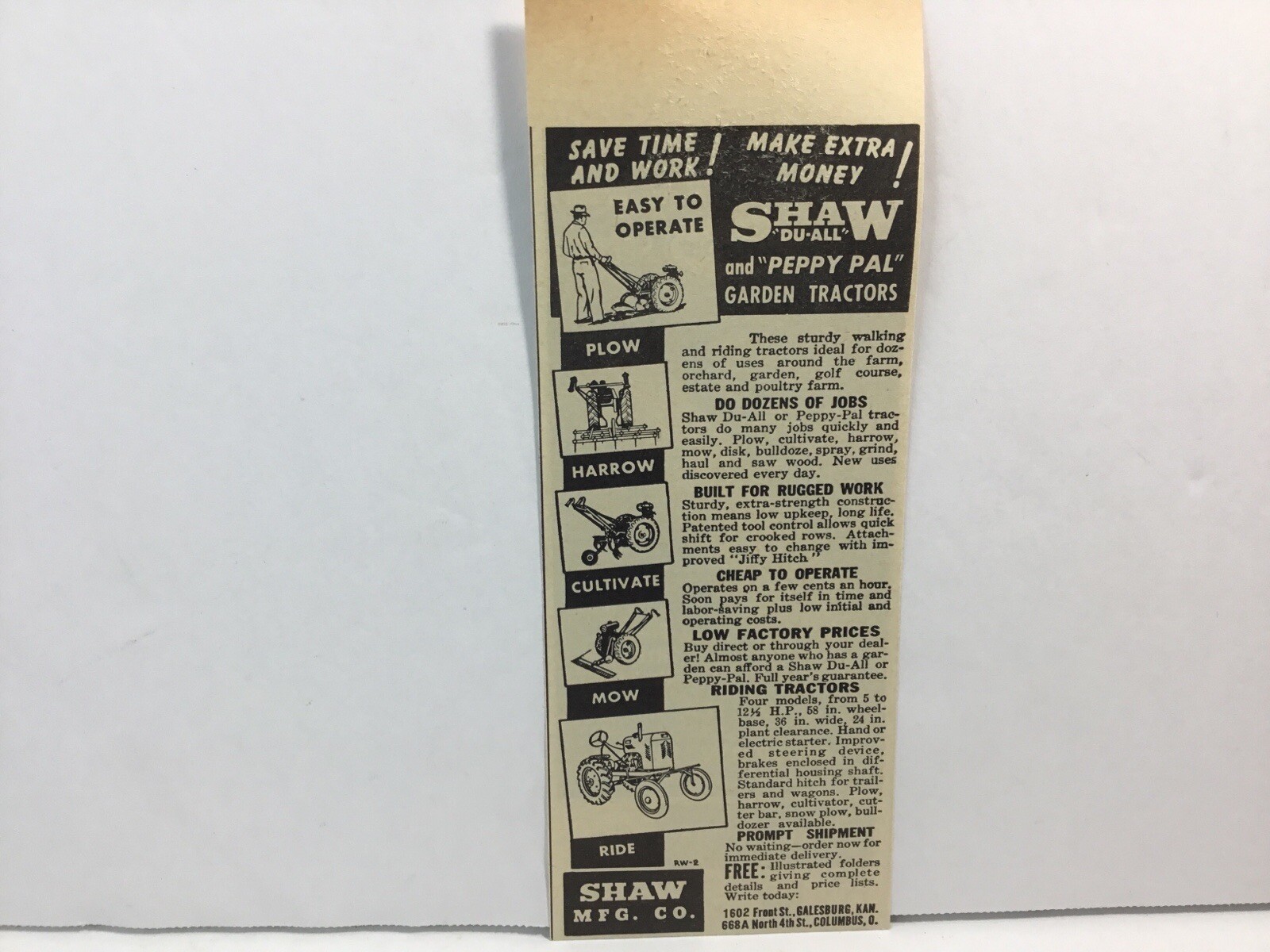 1949 Shaw Du-Al Peppy Pal Garden Trackers. Galesburg, KS. Original Print Ad.