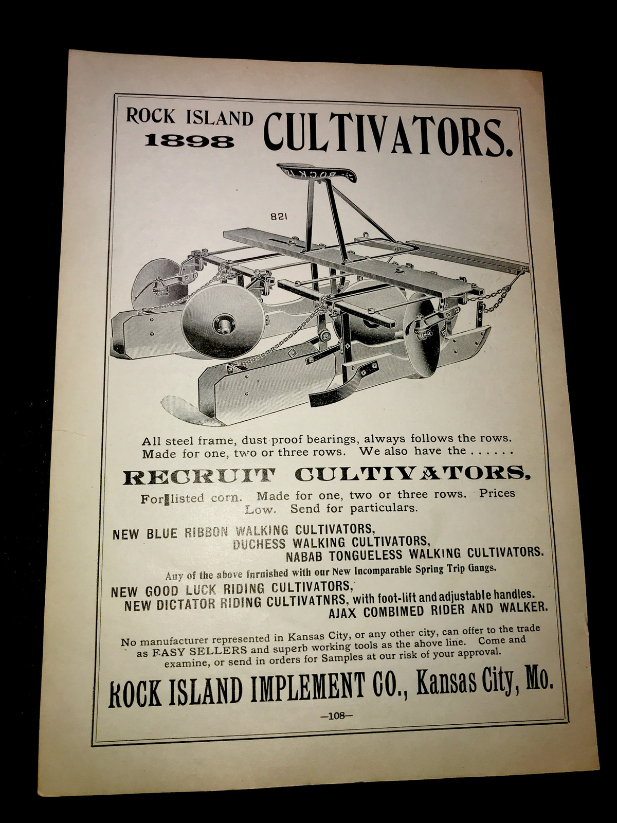 1898 Rock Island Cultivator Farm Advertising – Kansas City – Missouri