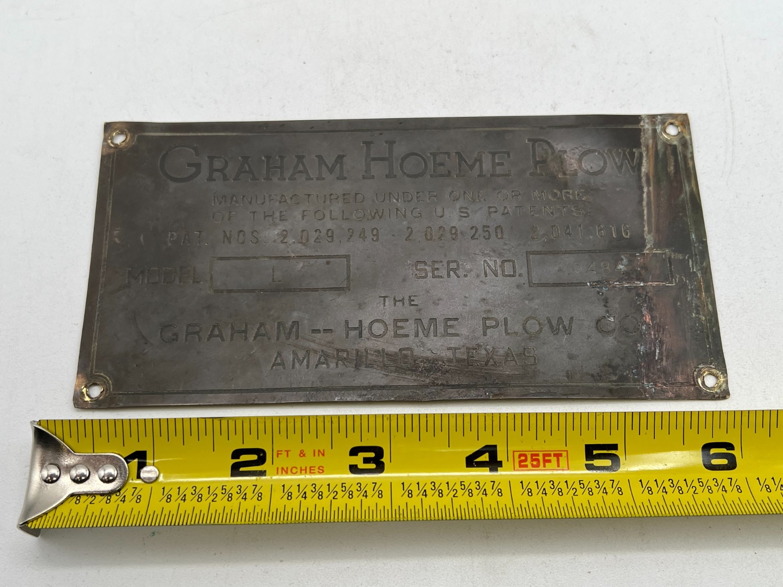 Vintage Graham Hoeme Plow Co. Amarillo, Texas TX Model L Brass Tag / Plate