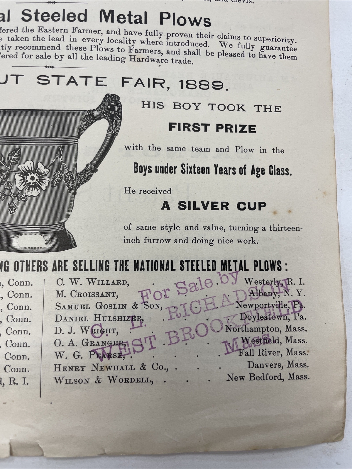 VINTAGE 1889 NATIONAL STEELED METAL PLOW ADVERTISEMENT