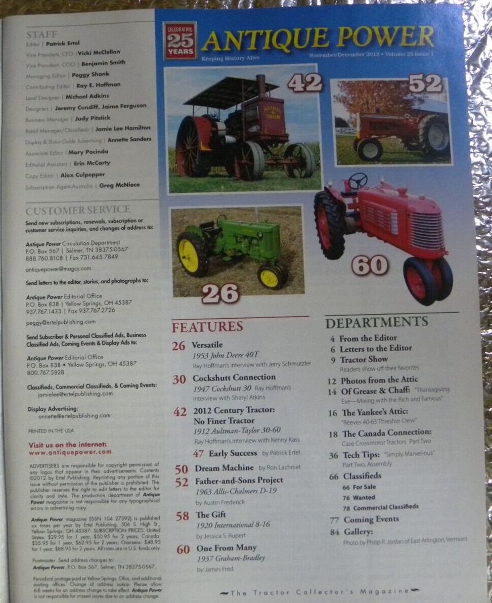 ANTIQUE POWER Magazine November December 2012 Aultman & Tayler Tractor Cover