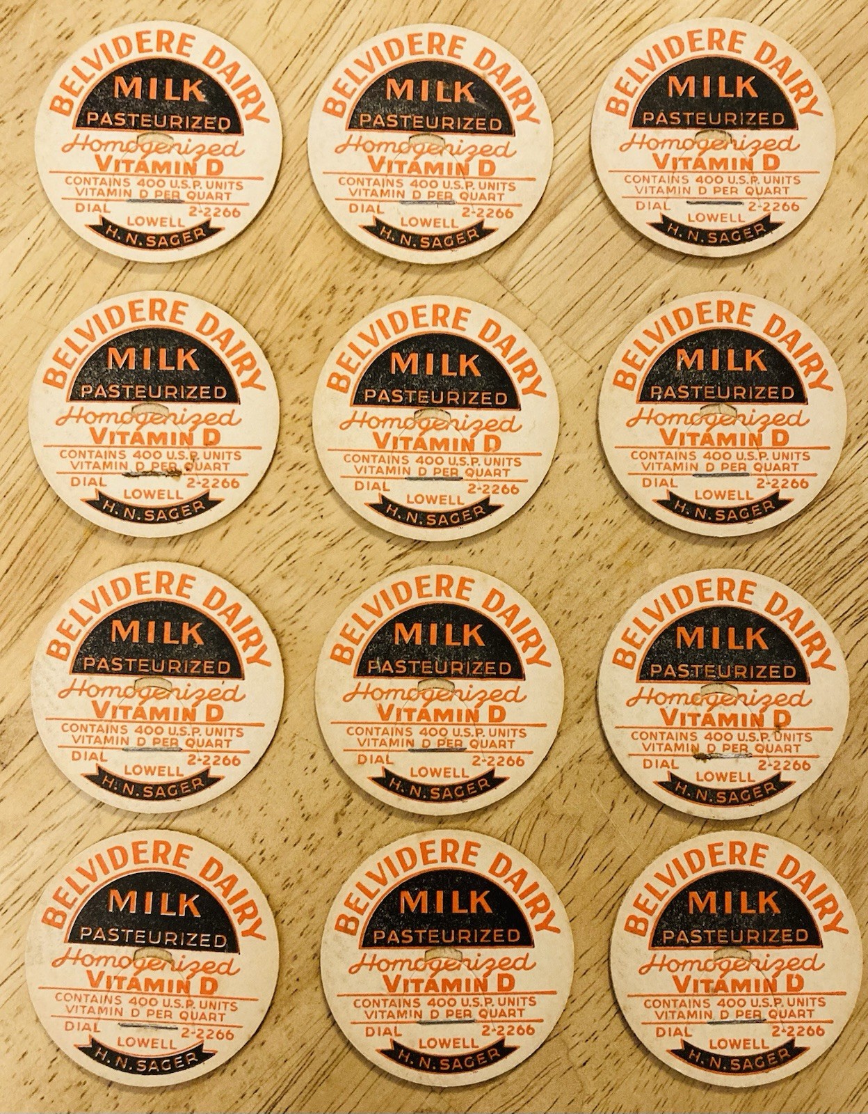 MILK BOTTLE CAP LOT OF (12)~BELVIDERE DAIRY FARM, LOWELL, MASS. H.N. SAGER