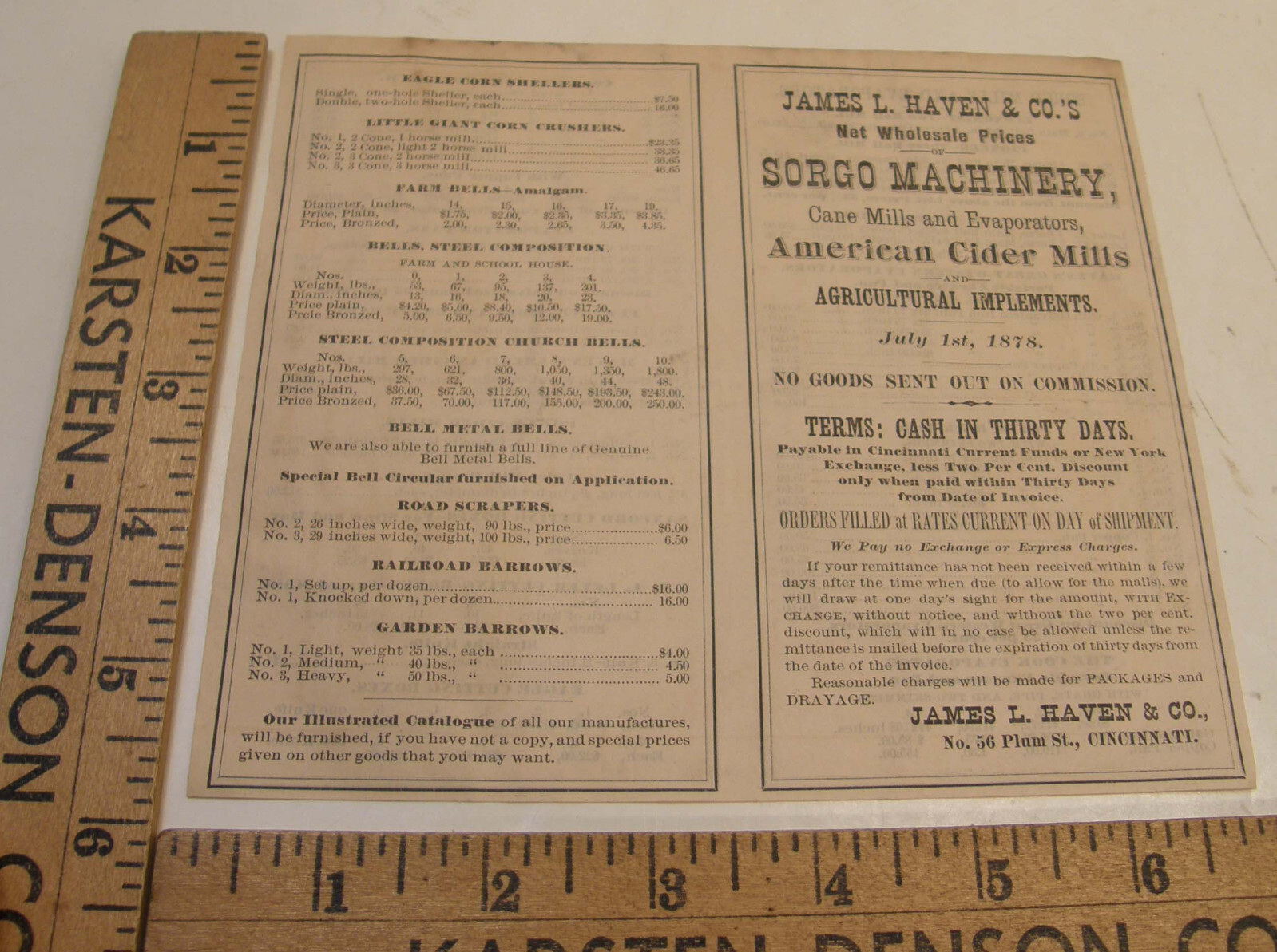ANTIQUE 1878 AGRICULTURAL MACHINERY PRICE LIST JAMES HAVEN & CO CINCINNATI OH