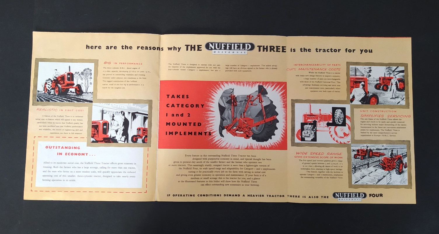 VINTAGE NUFFIELD THREE UNIVERSAL TRACTOR BROCHURE -POSTER 1950&rsquo;s