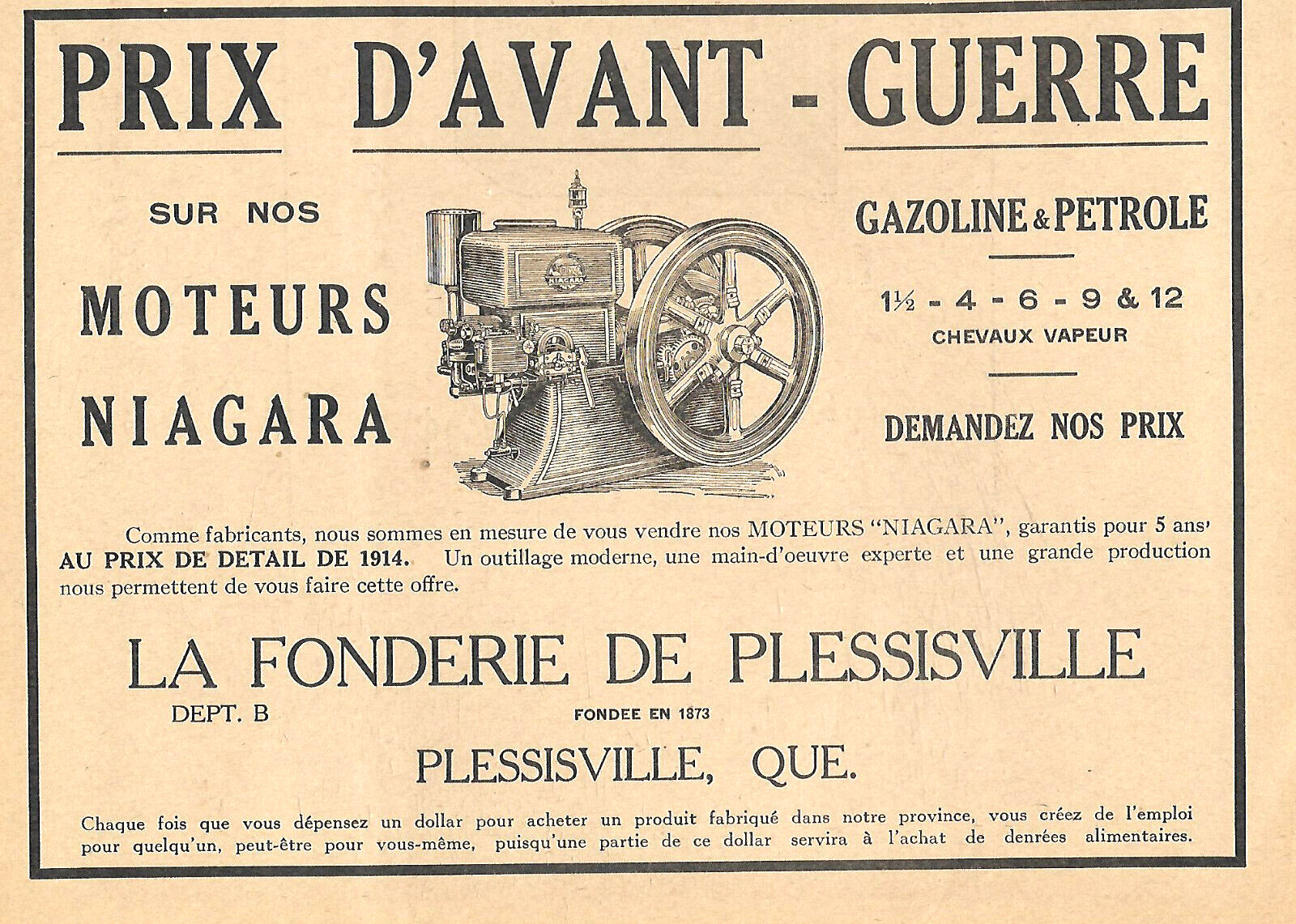 1921 NIAGARA AGRICULTURE ENGINE GAS & PETRO, PLESSISVILLE ORIGINAL AD IN FRENCH