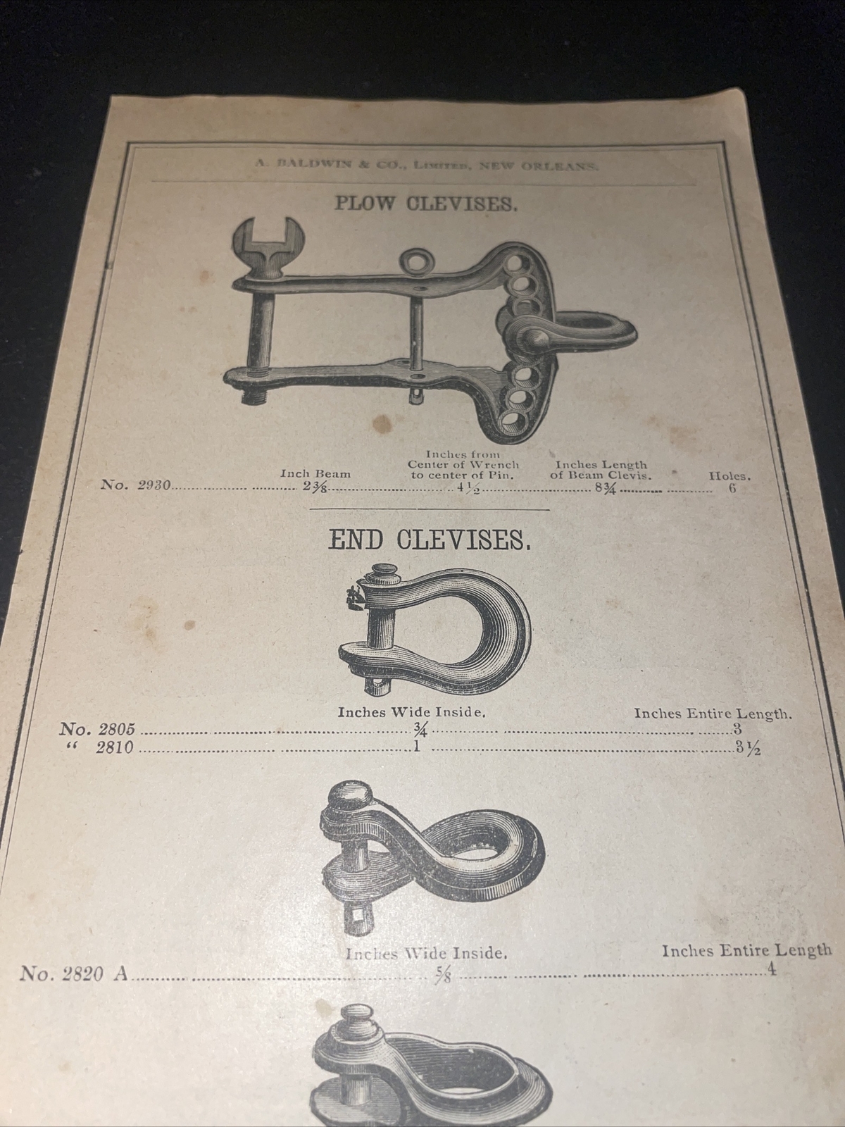 1891 Baldwin – Plow Clevises Farm Advertising – New Orleans – Louisiana