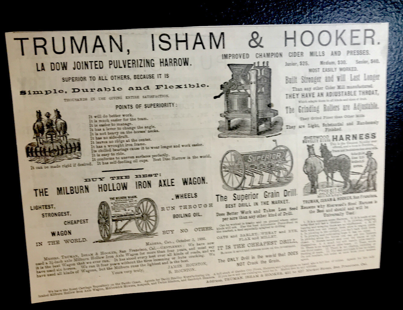 1886 Truman, Isham & Hooker Farm Implement Advertising – San Francisco – CA