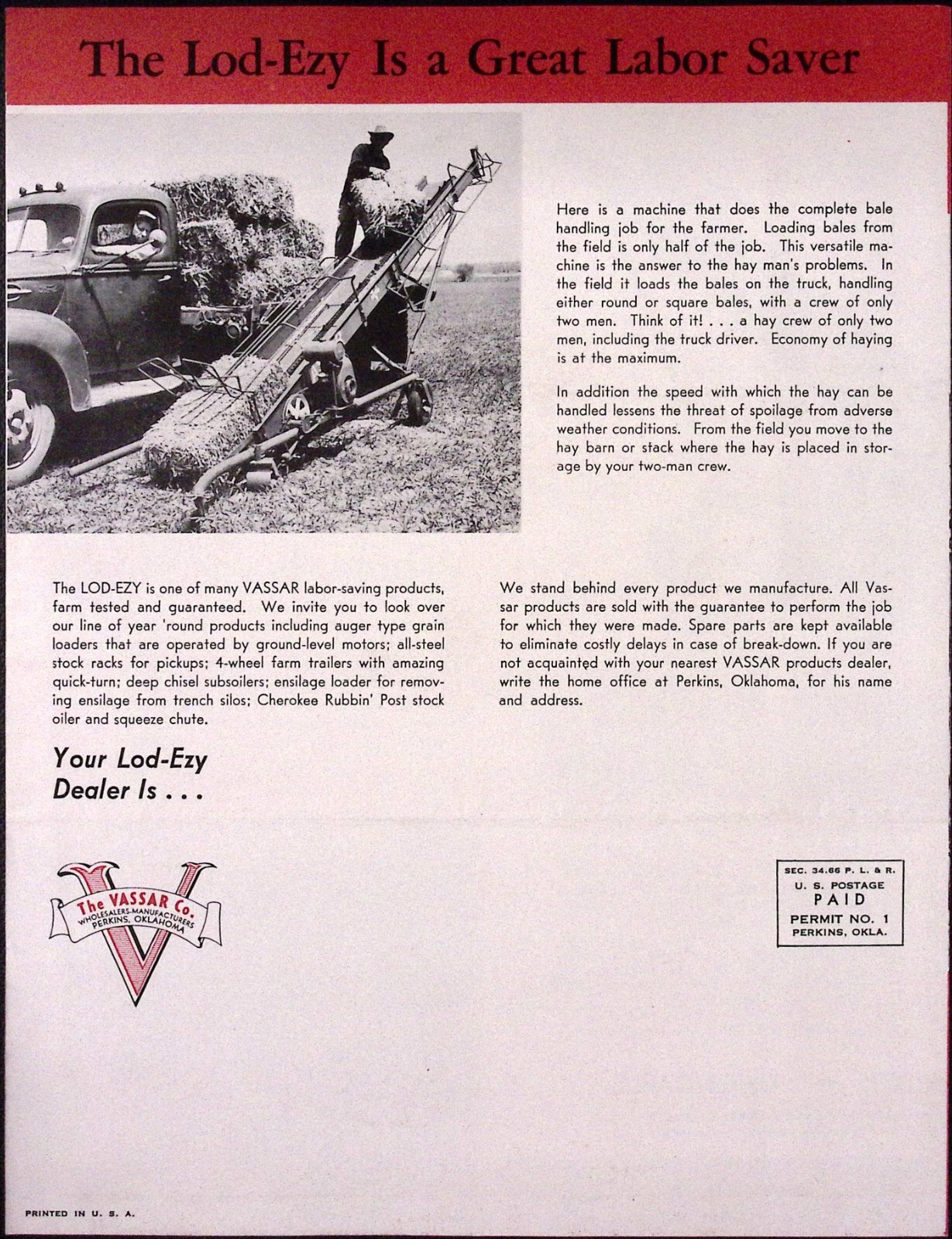 1953 Lod-Ezy Bale Loader The Vassar Co Perkins OK Dealer Brochure