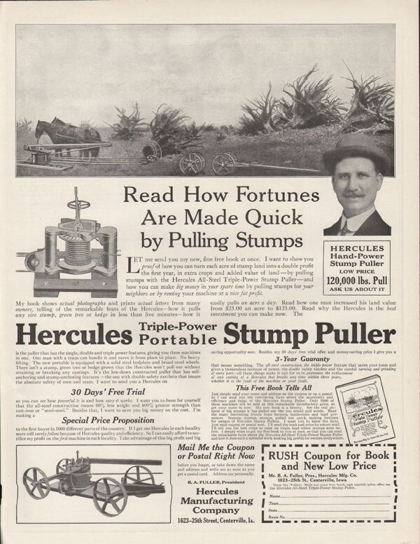 1916 HERCULES STUMP PORTABLE PULLER PLOW HORSE FARM LAND FULLER LOGGING 19101