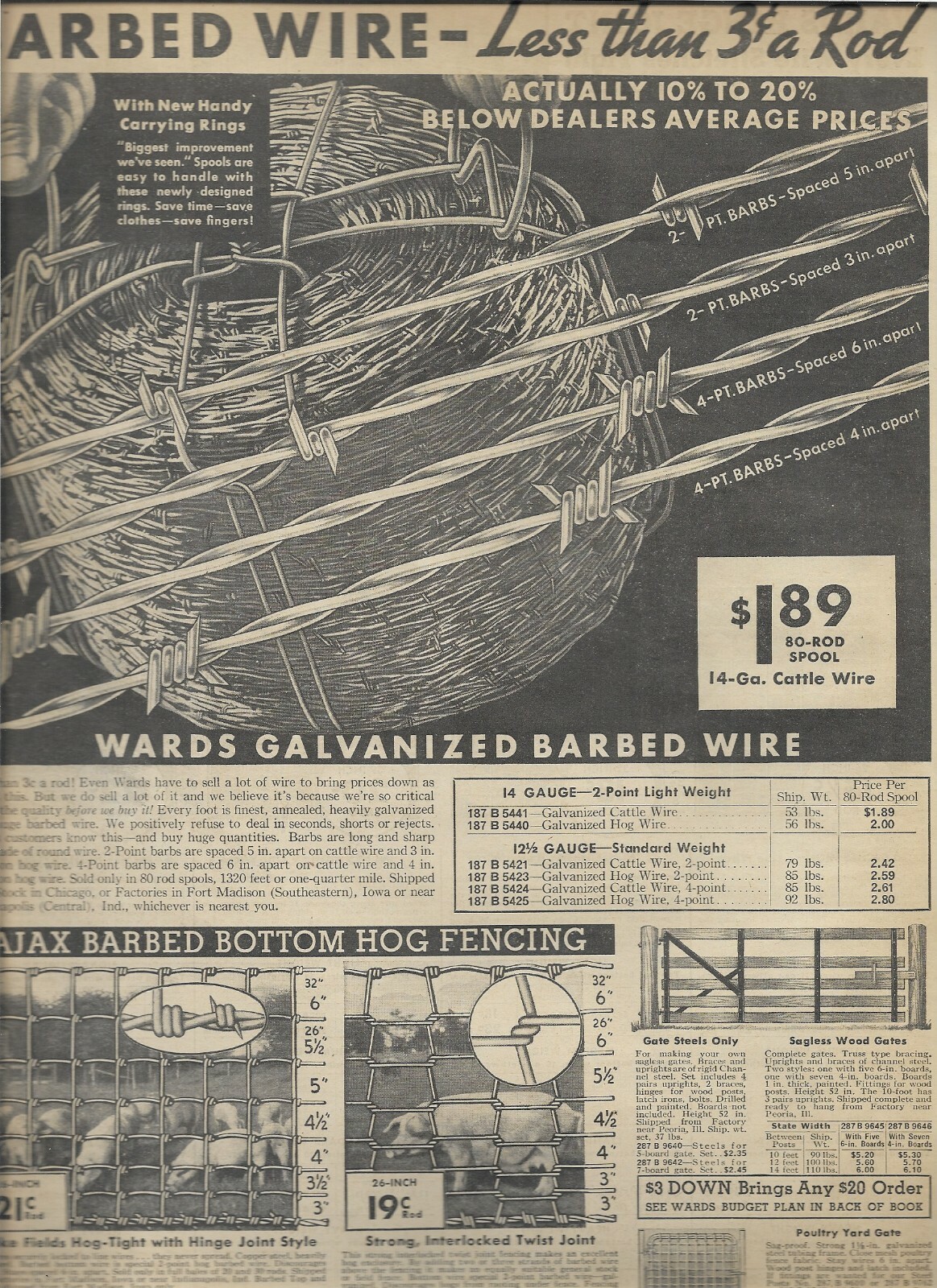1936 Wards Catalog Ad Page CATTLE BARBED WIRE AJAX HOG FENCING HINGE JOINT