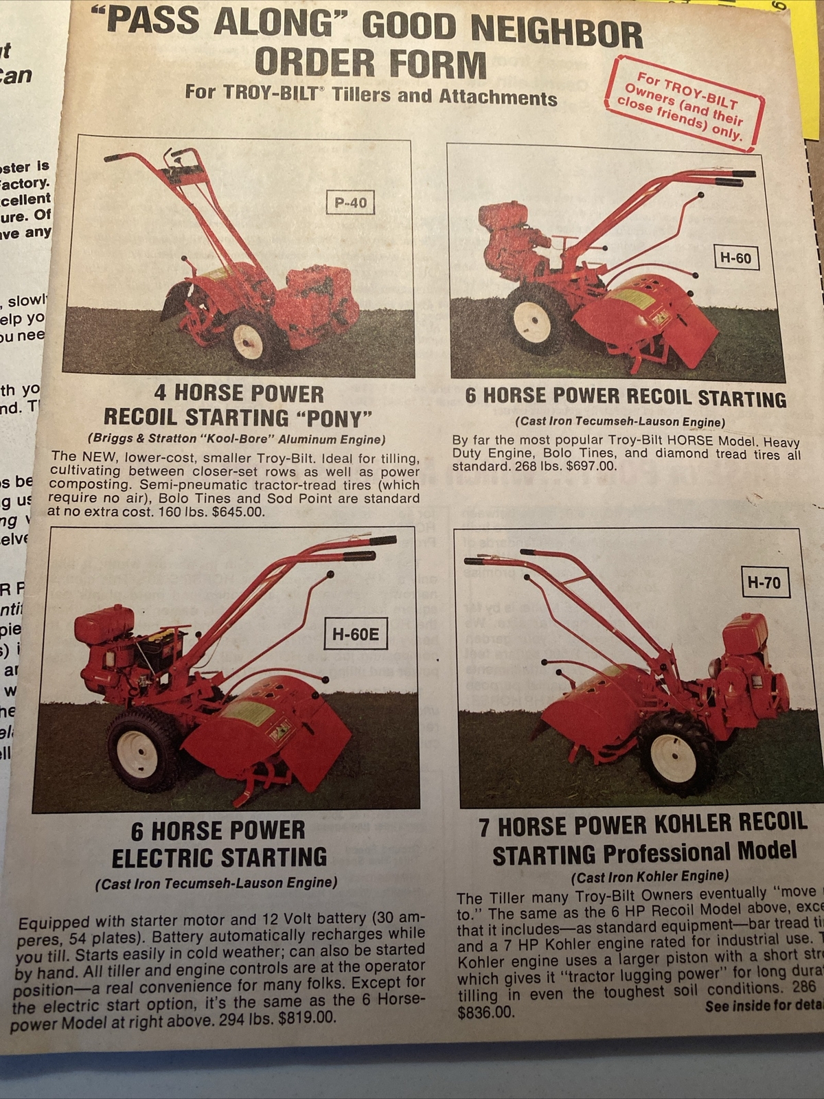 Troy-Bilt Roto Tiller & Attachments Advertisement Packet 1977 original, Letter,