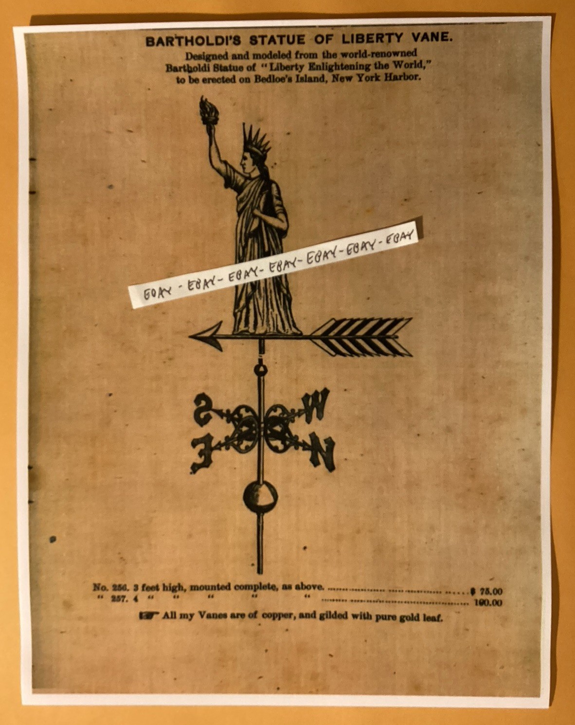 1880s STATUE OF LIBERTY WEATHERVANE 4” HIGH $100 COPPER & GOLD LEAF RARE AD NEW