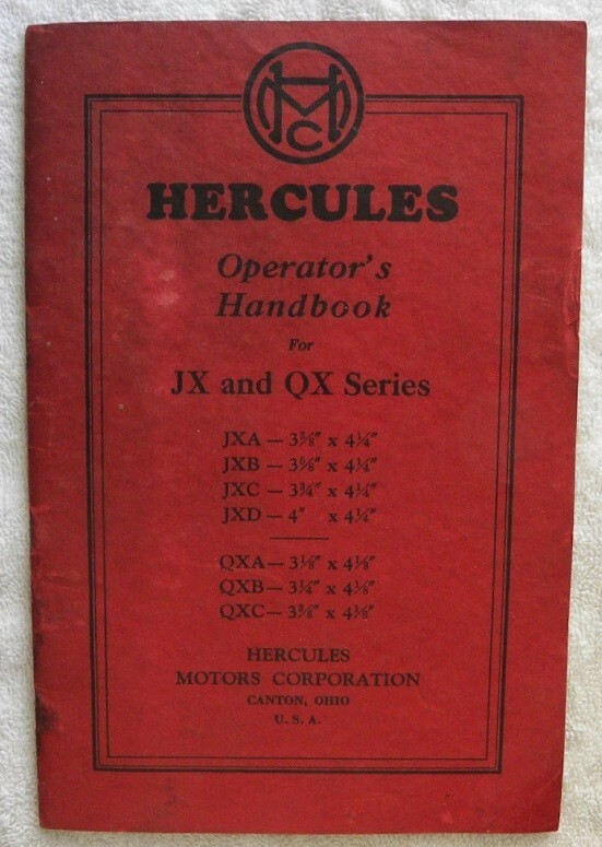 Original 1938 Hercules Operator&rsquo;s Handbook for JX & QX Series Motors