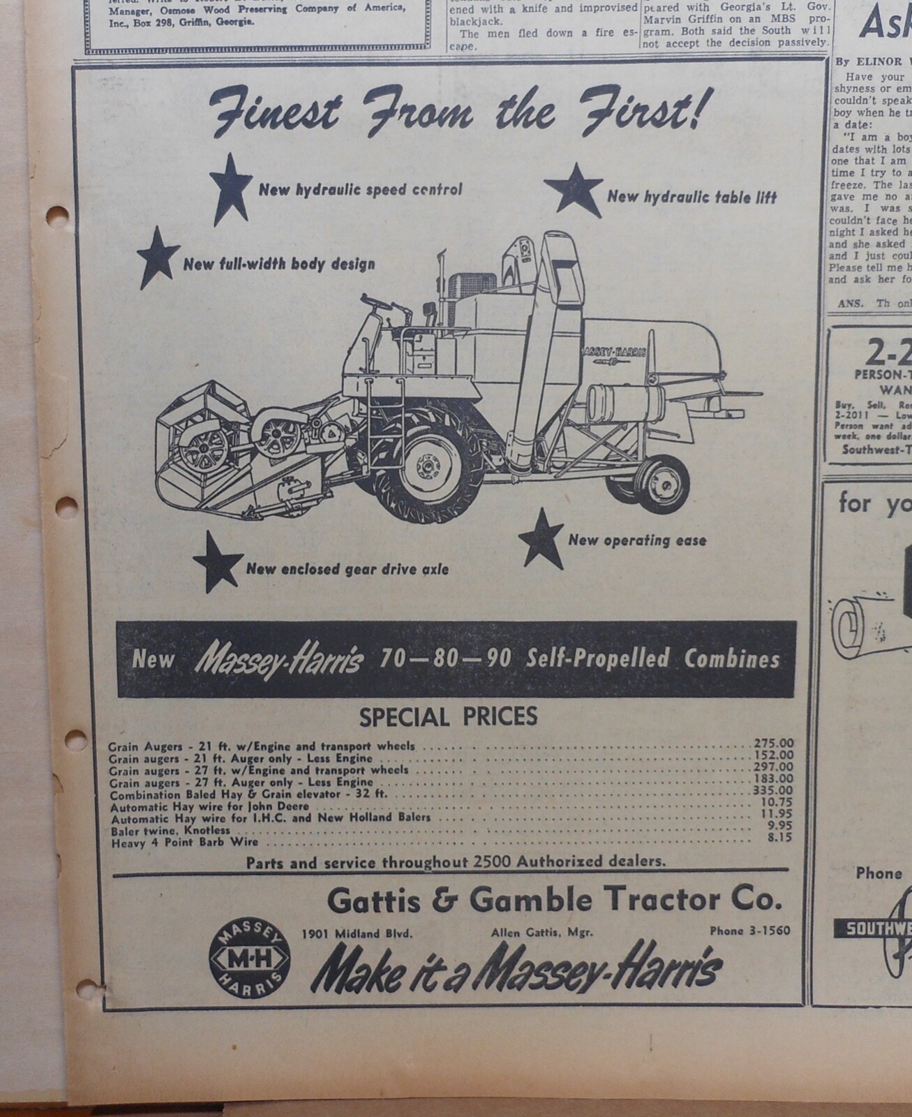 1954 newspaper ad for Massey Harris Self Propelled Combines – Finest From First
