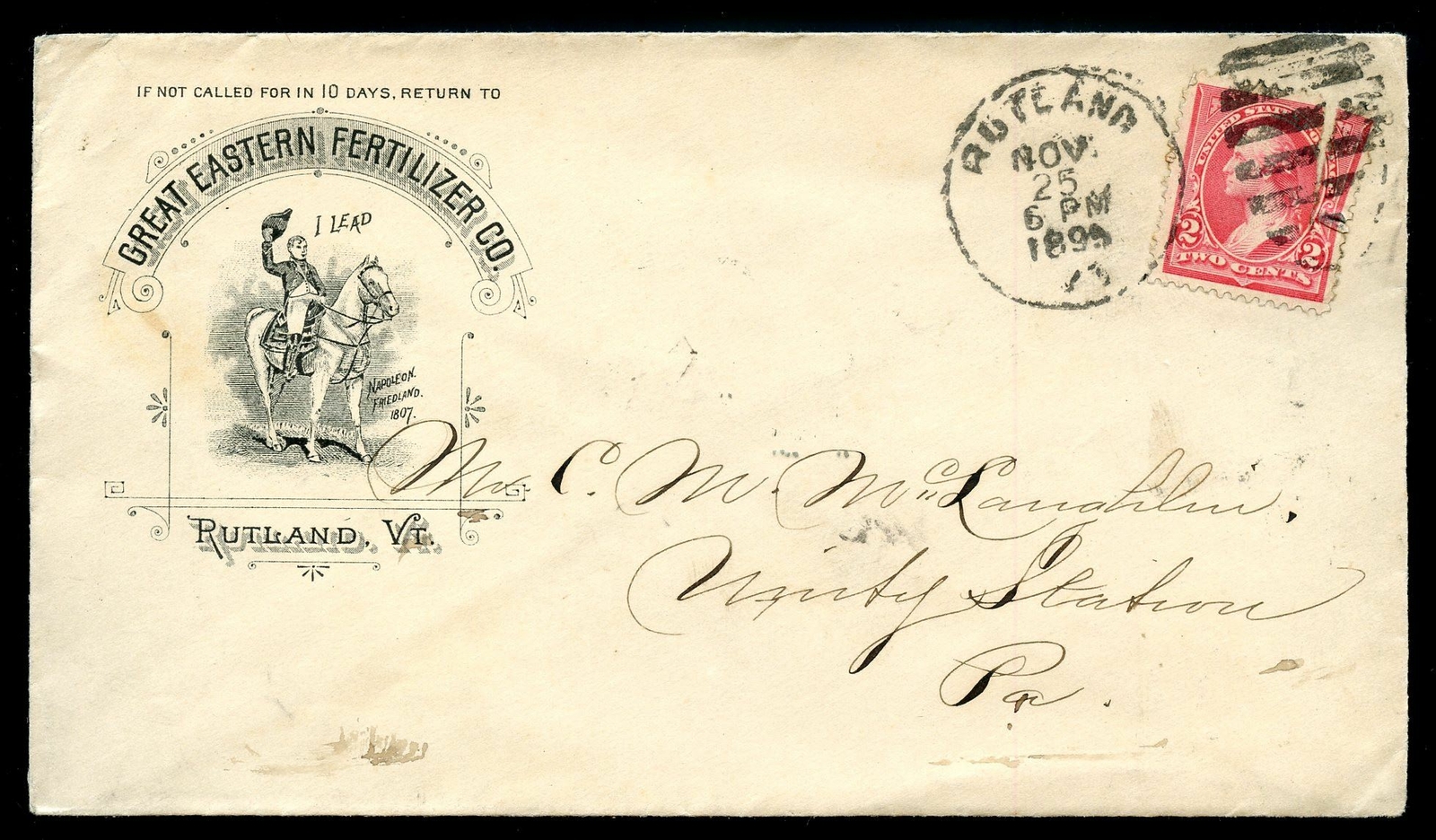 U.S. 1st Bur. Issue on 1895 Ad Cover for Great Eastern Fertilizer in Rutland, VT