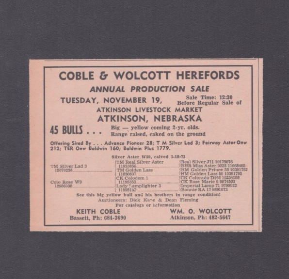 1974 Print Ad Coble & Wolcott Herefords Annual Production Sale Atkinson Nebraska